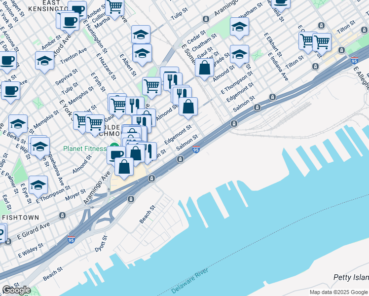 map of restaurants, bars, coffee shops, grocery stores, and more near 2628 Emery Street in Philadelphia