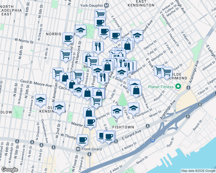 map of restaurants, bars, coffee shops, grocery stores, and more near 1767 Frankford Avenue in Philadelphia
