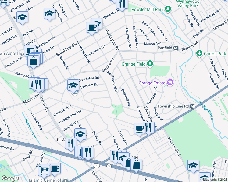 map of restaurants, bars, coffee shops, grocery stores, and more near 400 Heatherwood Road in Havertown