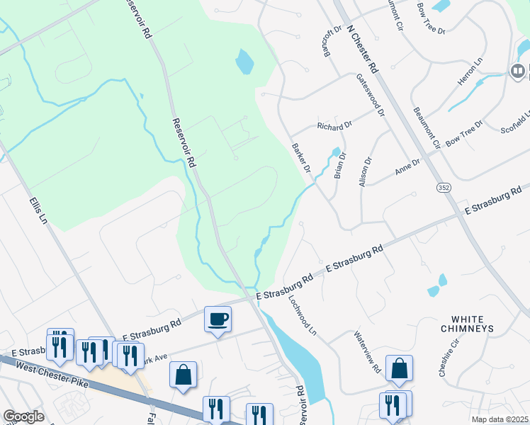 map of restaurants, bars, coffee shops, grocery stores, and more near 1412 Cooper Circle in West Chester