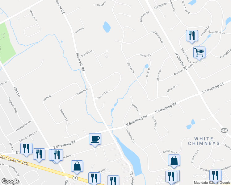 map of restaurants, bars, coffee shops, grocery stores, and more near 1412 Cooper Circle in West Chester