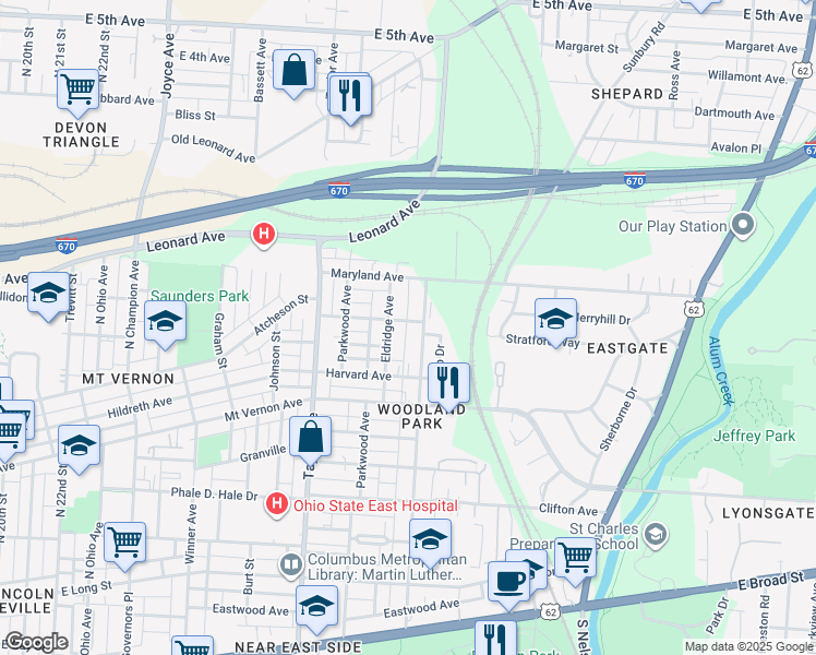 map of restaurants, bars, coffee shops, grocery stores, and more near 1741 Emerald Avenue in Columbus