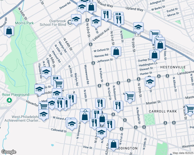 map of restaurants, bars, coffee shops, grocery stores, and more near 817 North 63rd Street in Philadelphia