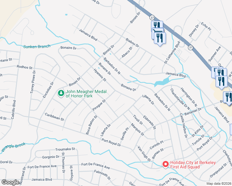 map of restaurants, bars, coffee shops, grocery stores, and more near 3 Pirogue Street in Toms River