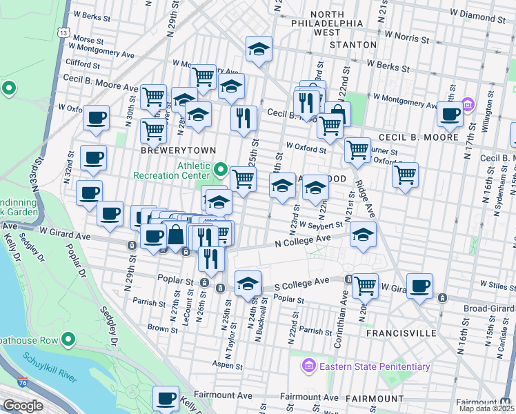 map of restaurants, bars, coffee shops, grocery stores, and more near 2427 Ingersoll Street in Philadelphia
