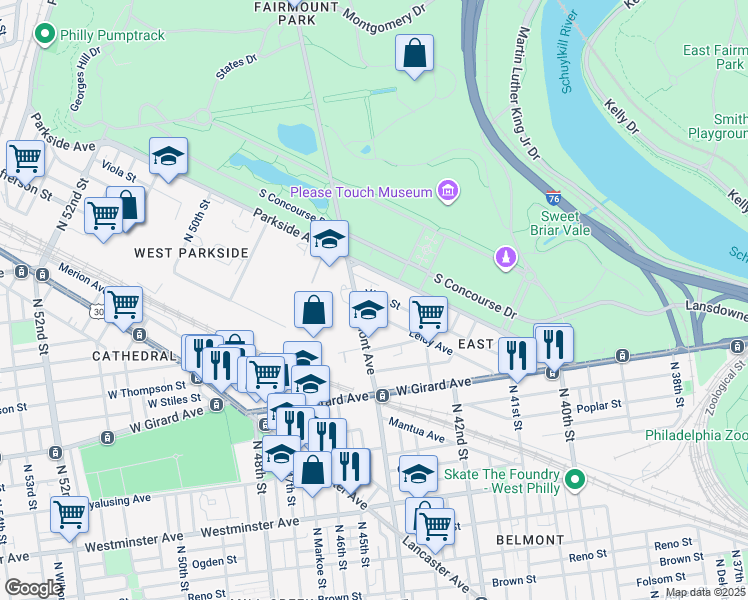 map of restaurants, bars, coffee shops, grocery stores, and more near 4286 Viola Street in Philadelphia