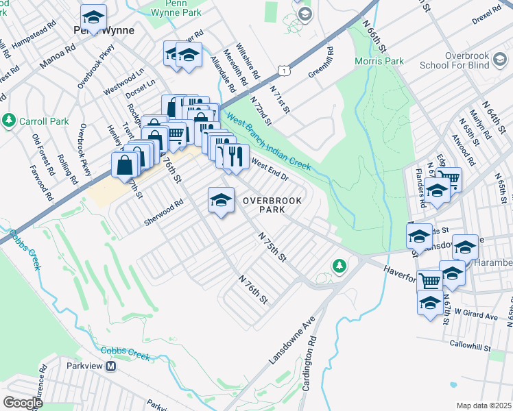 map of restaurants, bars, coffee shops, grocery stores, and more near 7414 Drexel Road in Philadelphia