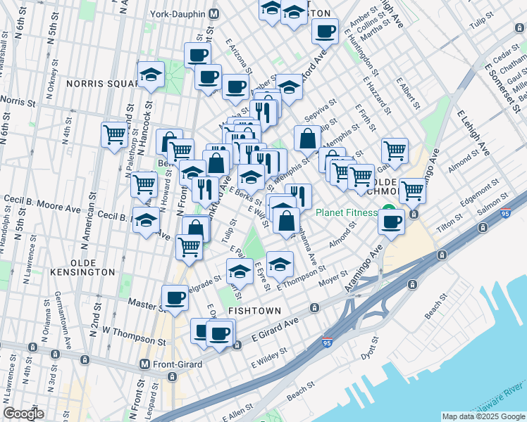 map of restaurants, bars, coffee shops, grocery stores, and more near in Philadelphia
