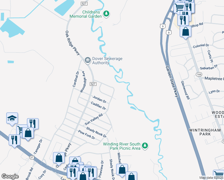 map of restaurants, bars, coffee shops, grocery stores, and more near 121 Sun Valley Road in Toms River