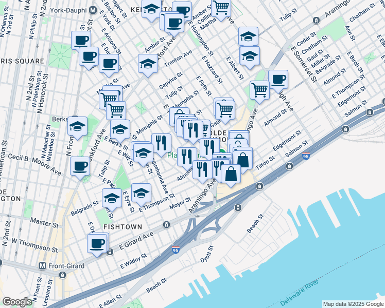 map of restaurants, bars, coffee shops, grocery stores, and more near 2523 East Gordon Street in Philadelphia
