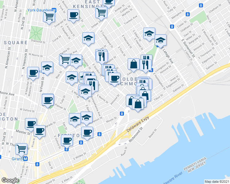 map of restaurants, bars, coffee shops, grocery stores, and more near 2523 East Gordon Street in Philadelphia