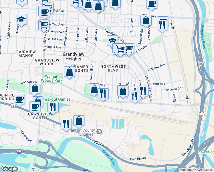 map of restaurants, bars, coffee shops, grocery stores, and more near 870 McClain Road in Columbus