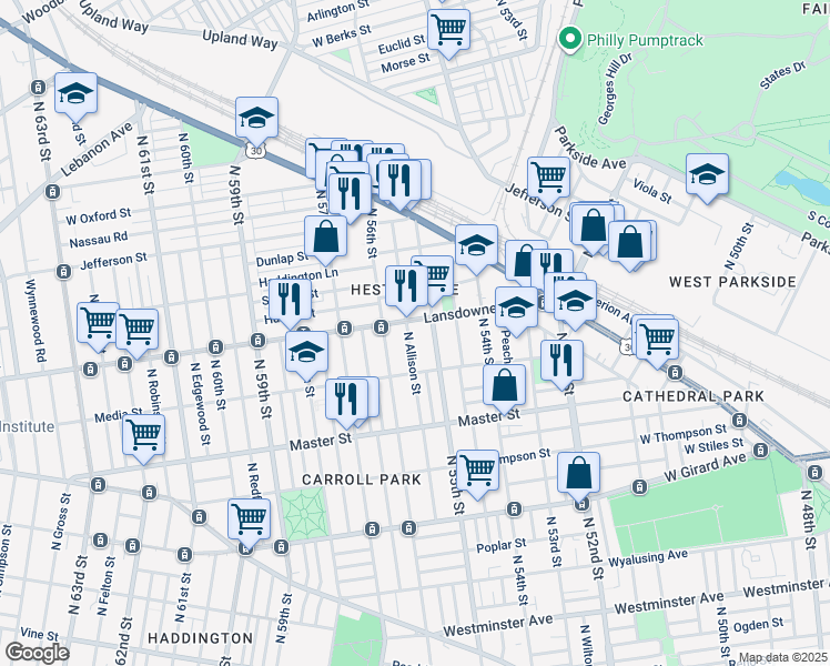 map of restaurants, bars, coffee shops, grocery stores, and more near 1553 North Allison Street in Philadelphia