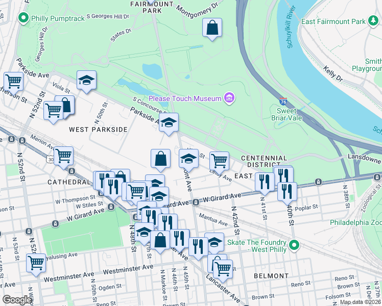 map of restaurants, bars, coffee shops, grocery stores, and more near 1515 Belmont Avenue in Philadelphia
