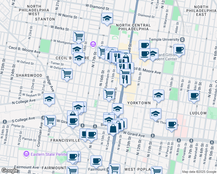 map of restaurants, bars, coffee shops, grocery stores, and more near 1516 North Sydenham Street in Philadelphia