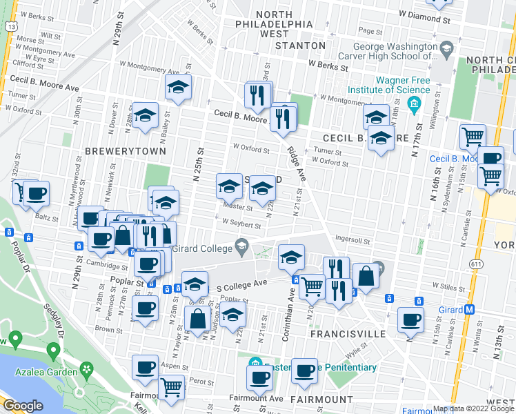 map of restaurants, bars, coffee shops, grocery stores, and more near 2213 Master Street in Philadelphia