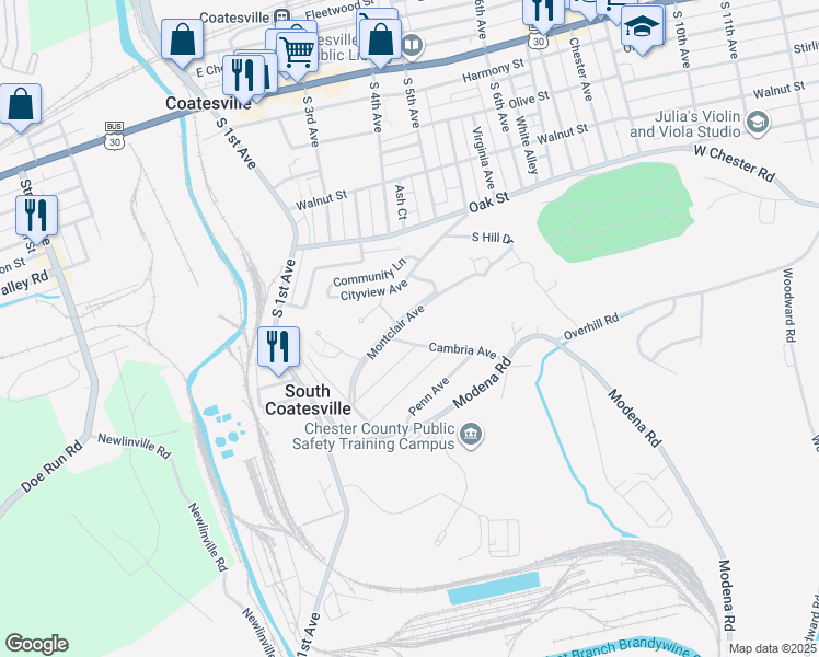 map of restaurants, bars, coffee shops, grocery stores, and more near 41 Montclair Avenue in Coatesville