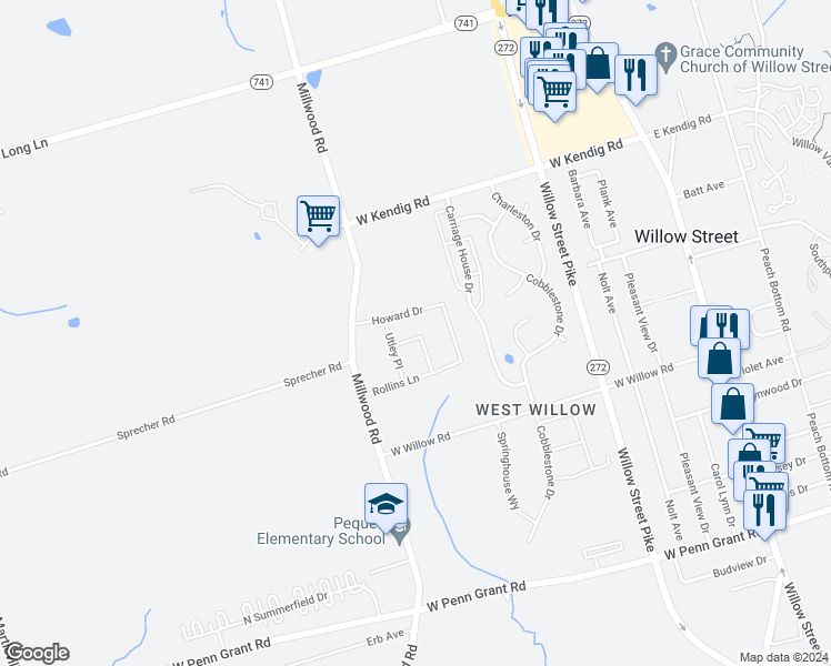 map of restaurants, bars, coffee shops, grocery stores, and more near 44 Hamels Court in Willow Street