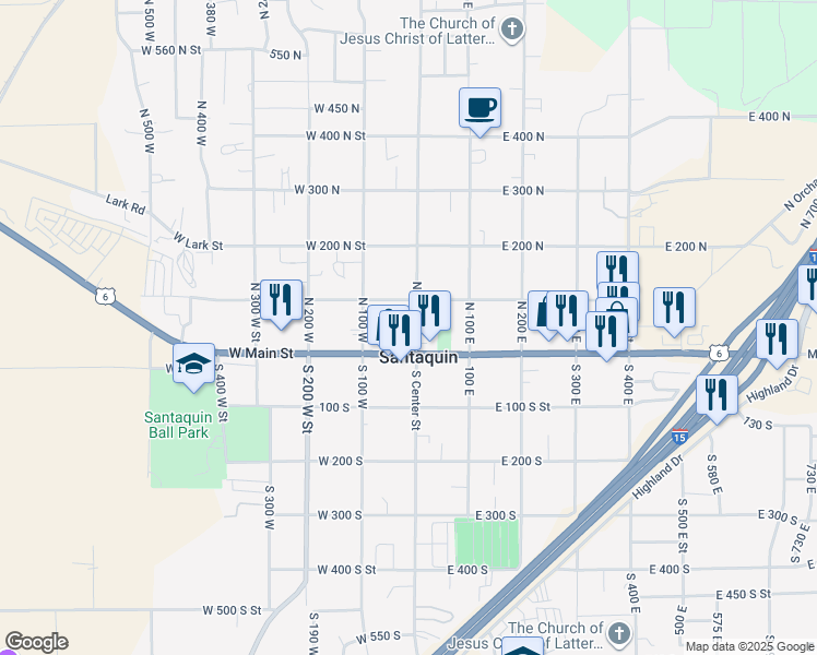 map of restaurants, bars, coffee shops, grocery stores, and more near 69 North Center Street in Santaquin