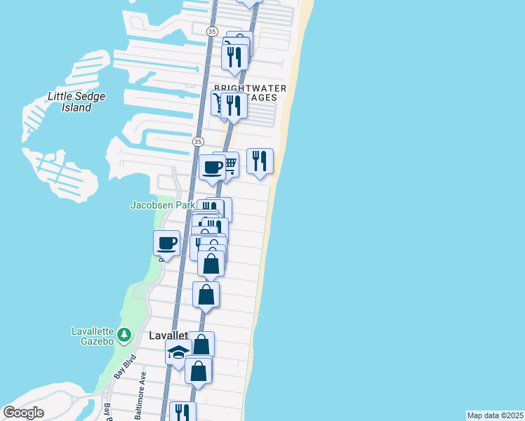 map of restaurants, bars, coffee shops, grocery stores, and more near 204 Oceanfront in Lavallette