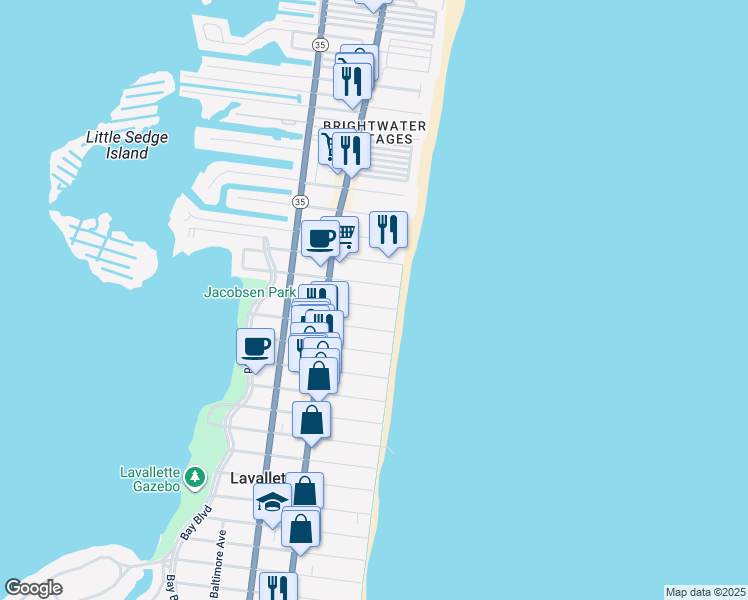 map of restaurants, bars, coffee shops, grocery stores, and more near 4 White Avenue in Lavallette