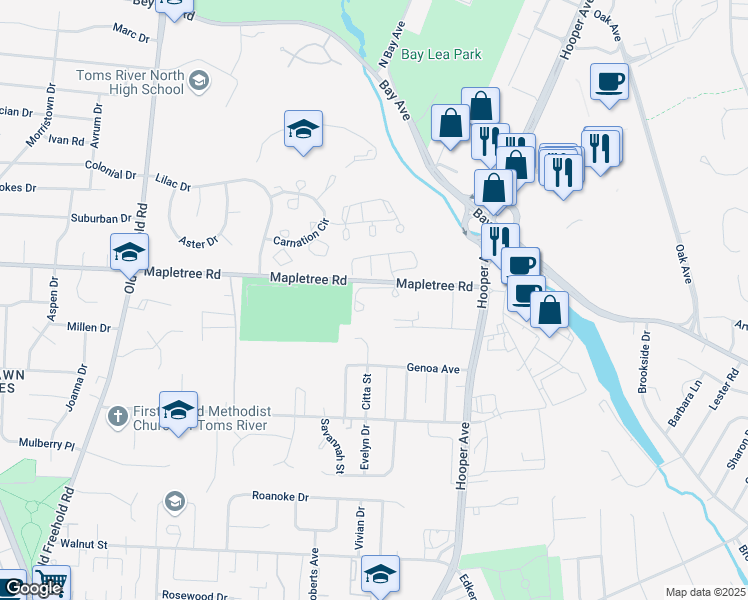 map of restaurants, bars, coffee shops, grocery stores, and more near 606 Bent Trail in Toms River