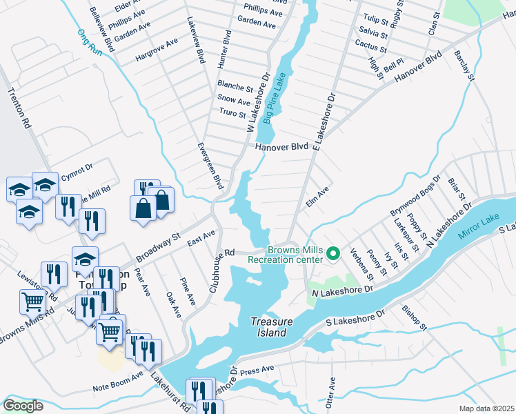 map of restaurants, bars, coffee shops, grocery stores, and more near 375 Goldenrod Street in Browns Mills