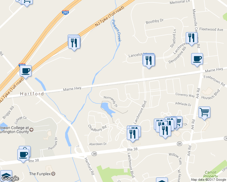map of restaurants, bars, coffee shops, grocery stores, and more near 7805 Normandy Drive in Mount Laurel Township