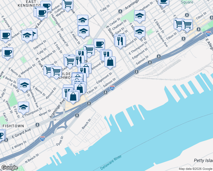 map of restaurants, bars, coffee shops, grocery stores, and more near 2624 Salmon Street in Philadelphia