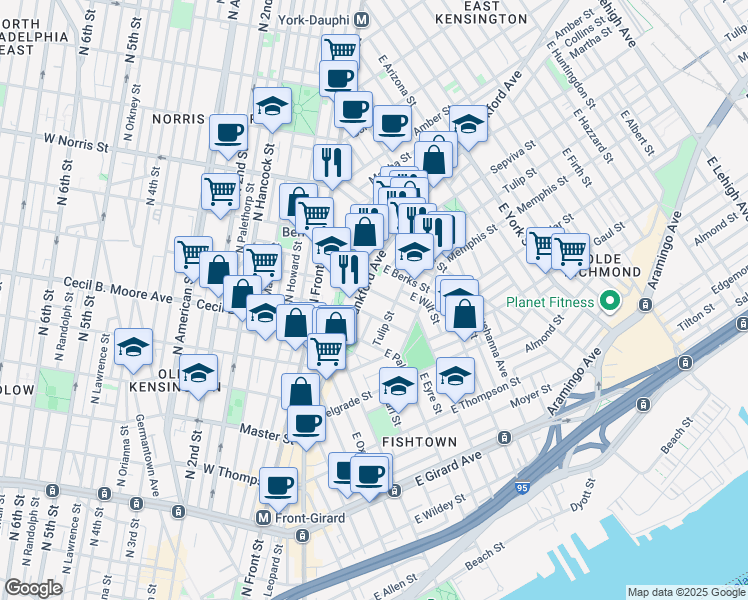 map of restaurants, bars, coffee shops, grocery stores, and more near 1767 Frankford Avenue in Philadelphia