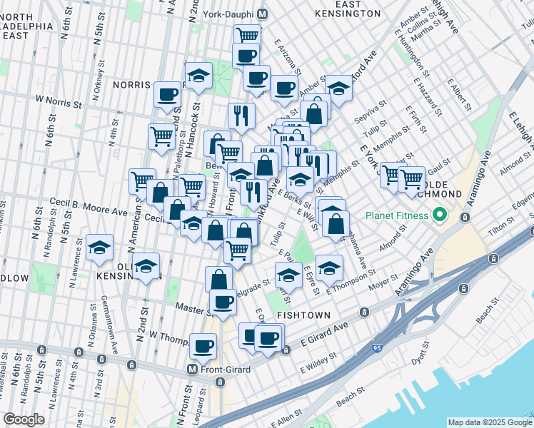map of restaurants, bars, coffee shops, grocery stores, and more near 1767 Frankford Avenue in Philadelphia
