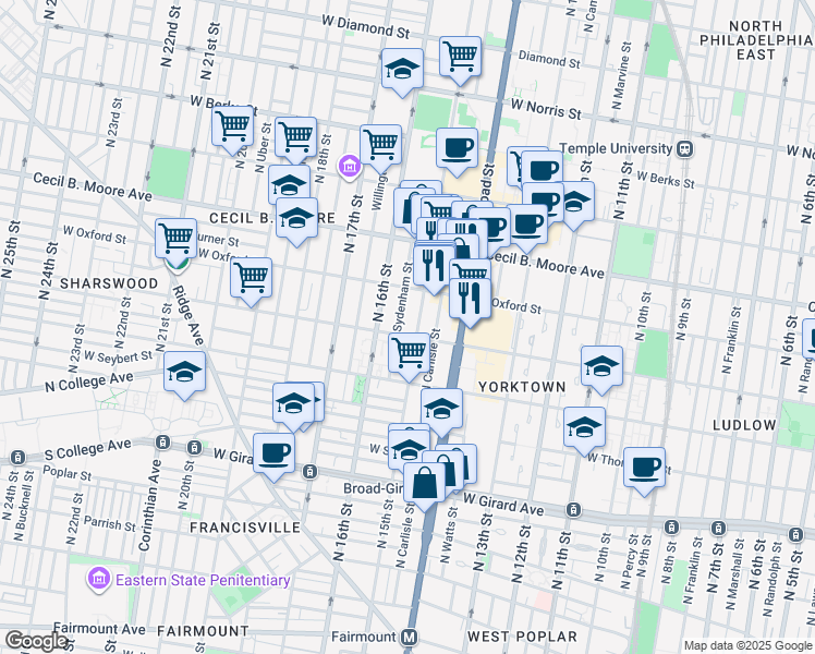 map of restaurants, bars, coffee shops, grocery stores, and more near 1516 North Sydenham Street in Philadelphia