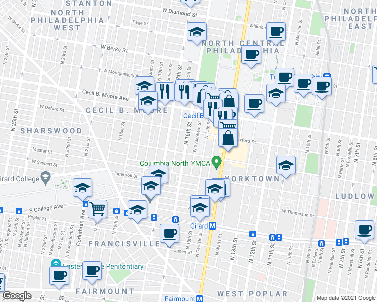 map of restaurants, bars, coffee shops, grocery stores, and more near 1501 Willington Street in Philadelphia