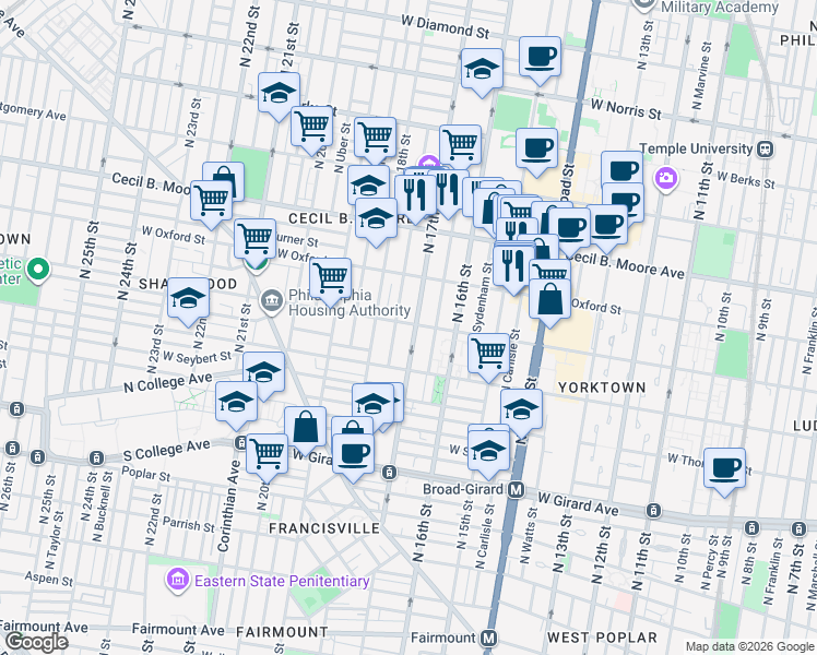 map of restaurants, bars, coffee shops, grocery stores, and more near 1684 West Jefferson Street in Philadelphia