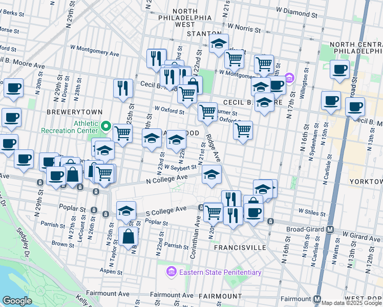 map of restaurants, bars, coffee shops, grocery stores, and more near 2122 Sharswood Street in Philadelphia