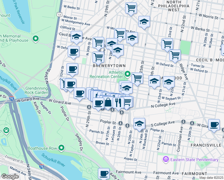map of restaurants, bars, coffee shops, grocery stores, and more near 1319 North Marston Street in Philadelphia