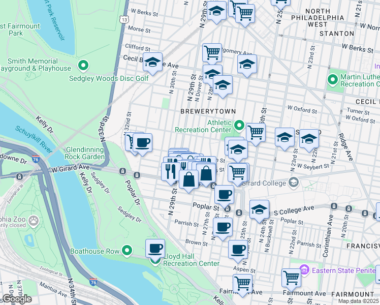 map of restaurants, bars, coffee shops, grocery stores, and more near 1307 North 29th Street in Philadelphia