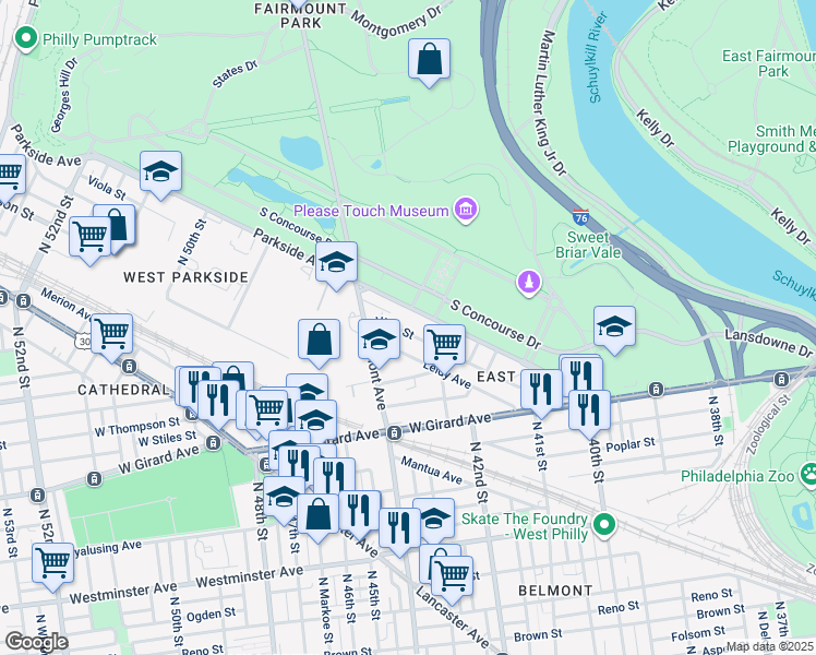 map of restaurants, bars, coffee shops, grocery stores, and more near 4265 Viola Street in Philadelphia