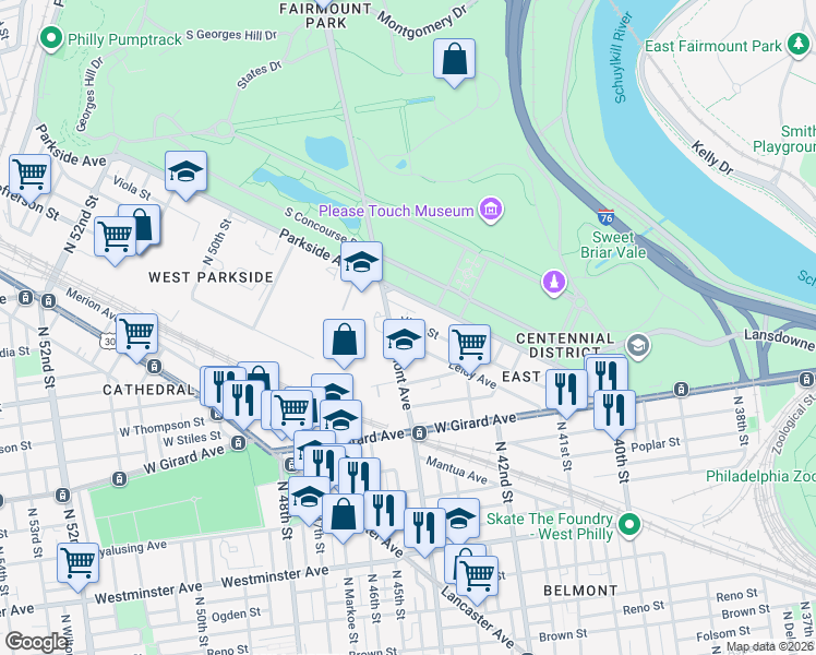 map of restaurants, bars, coffee shops, grocery stores, and more near 1515 Belmont Avenue in Philadelphia