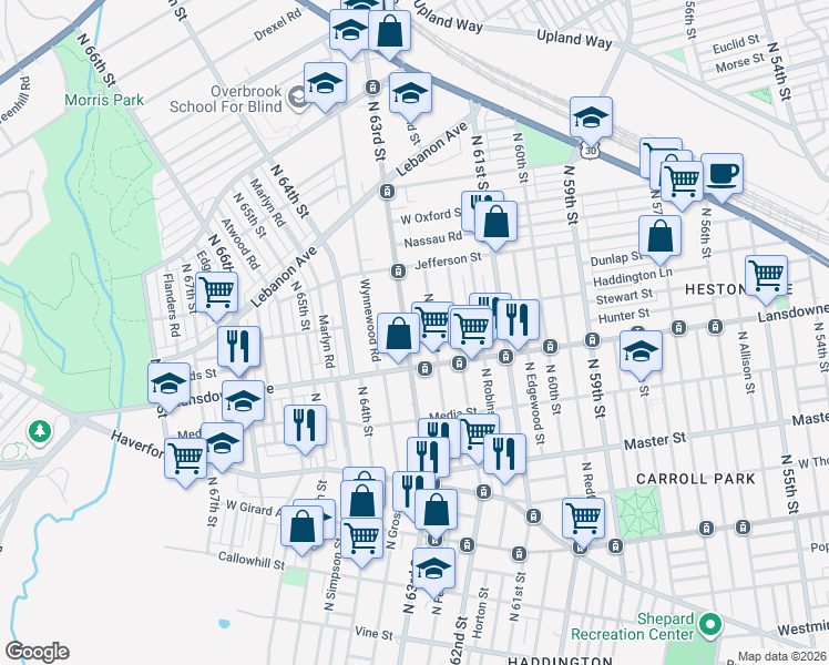 map of restaurants, bars, coffee shops, grocery stores, and more near 818 North 63rd Street in Philadelphia