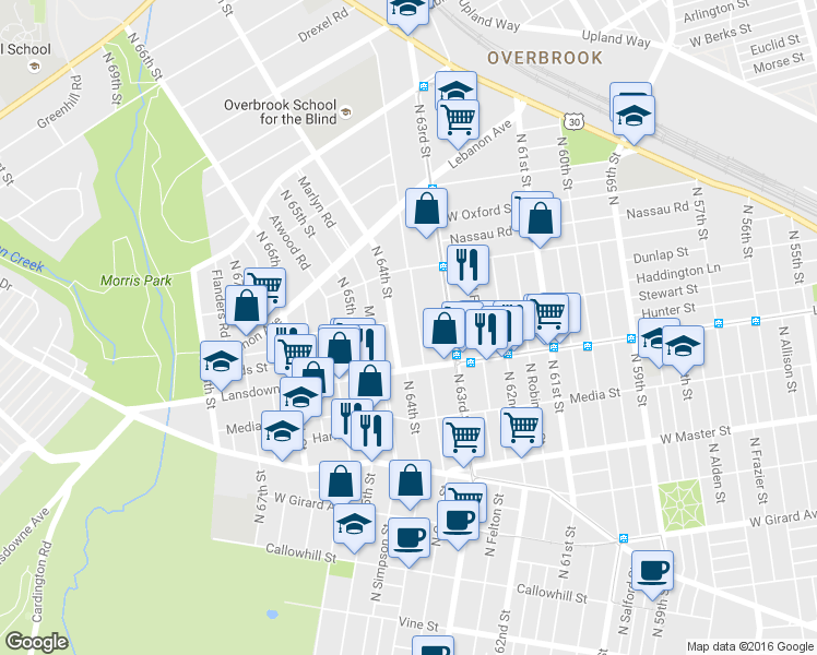map of restaurants, bars, coffee shops, grocery stores, and more near 836 Wynnewood Road in Philadelphia