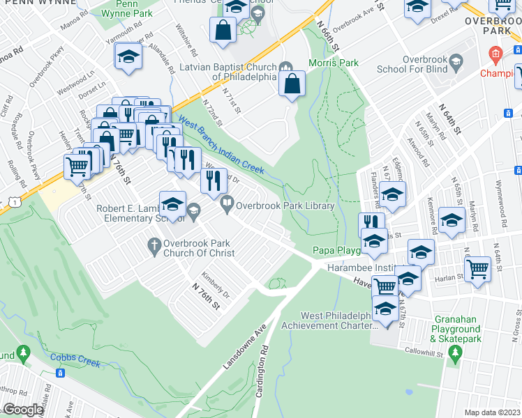 map of restaurants, bars, coffee shops, grocery stores, and more near 7323 Malvern Avenue in Philadelphia