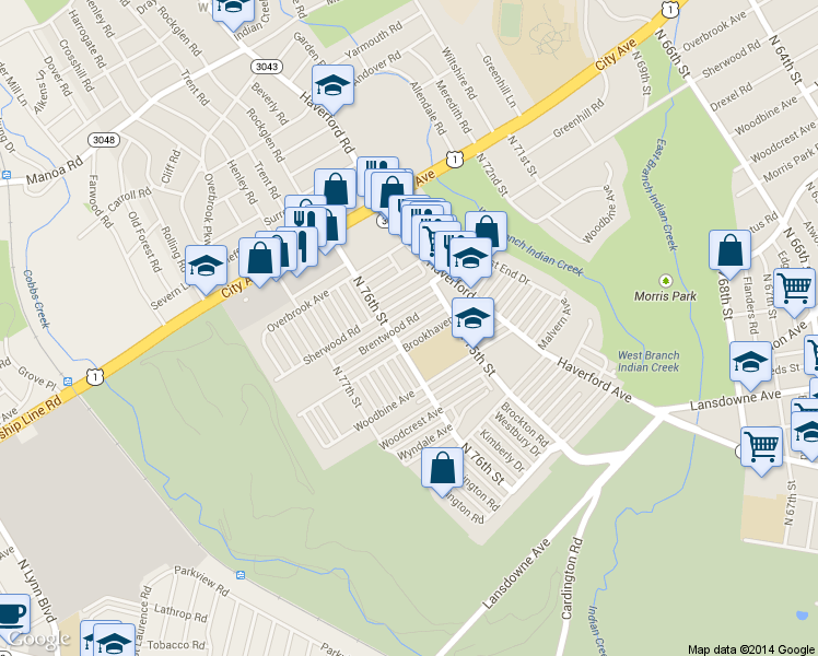map of restaurants, bars, coffee shops, grocery stores, and more near 7557 Brentwood Road in Philadelphia