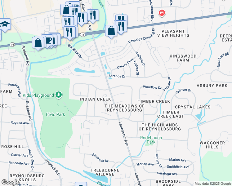 map of restaurants, bars, coffee shops, grocery stores, and more near 7176 Feather Court in Reynoldsburg