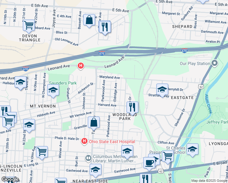 map of restaurants, bars, coffee shops, grocery stores, and more near 1639 Emerald Avenue in Columbus