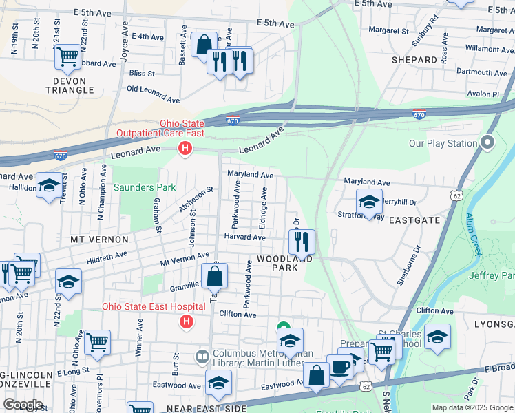 map of restaurants, bars, coffee shops, grocery stores, and more near 1639 Emerald Avenue in Columbus