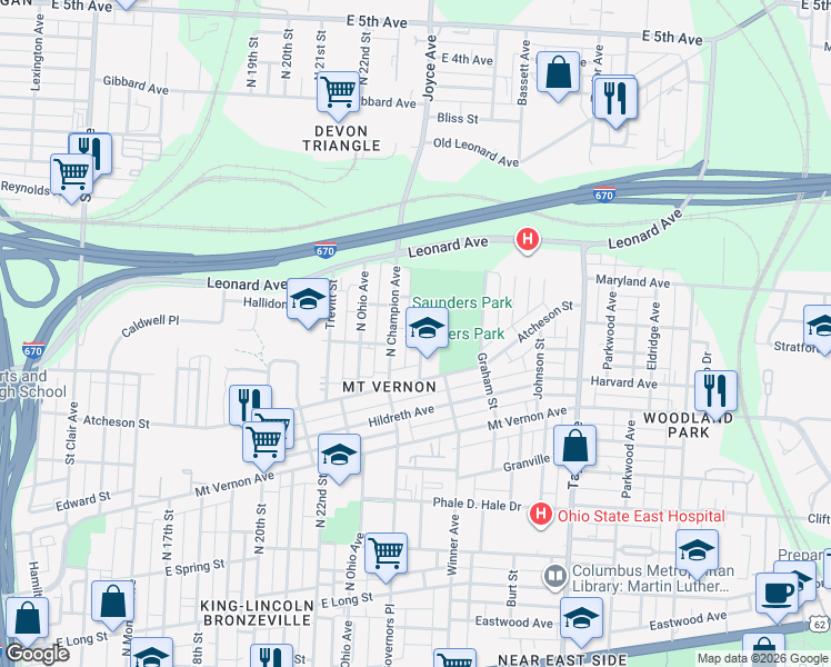 map of restaurants, bars, coffee shops, grocery stores, and more near 500 North Champion Avenue in Columbus