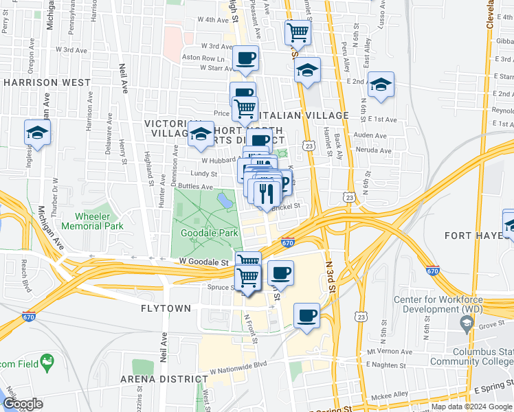 map of restaurants, bars, coffee shops, grocery stores, and more near in Columbus