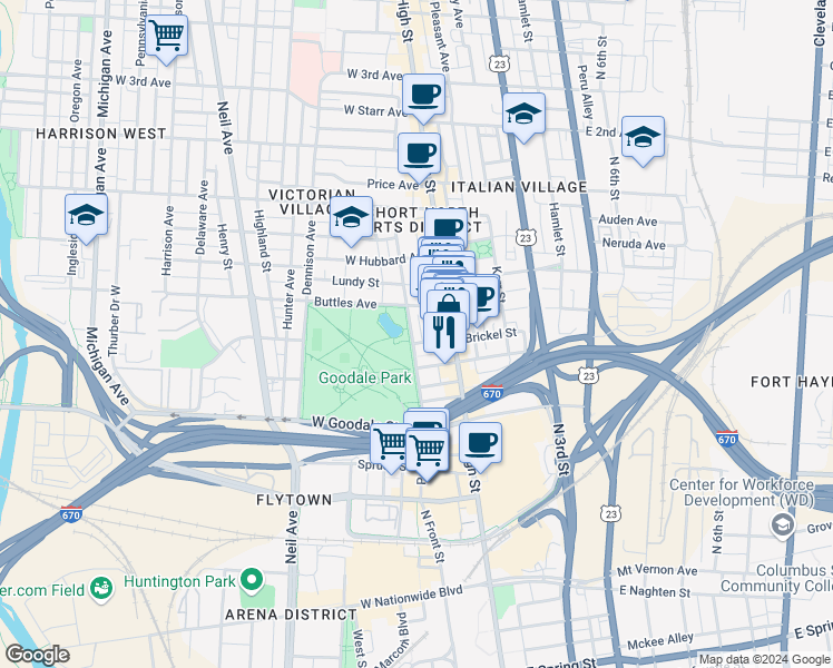 map of restaurants, bars, coffee shops, grocery stores, and more near 120 West Goodale Street in Columbus