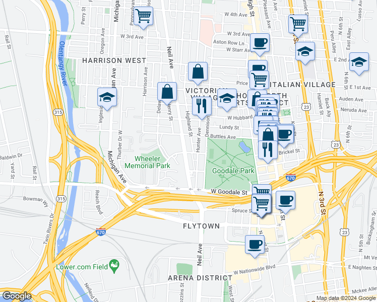 map of restaurants, bars, coffee shops, grocery stores, and more near 244 Collins Avenue in Columbus